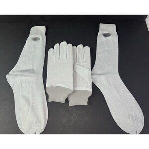 Vtg New Ladies Silver Metallic Thin Nylon Glove & 2 Pair Sock Liners Dance Wear